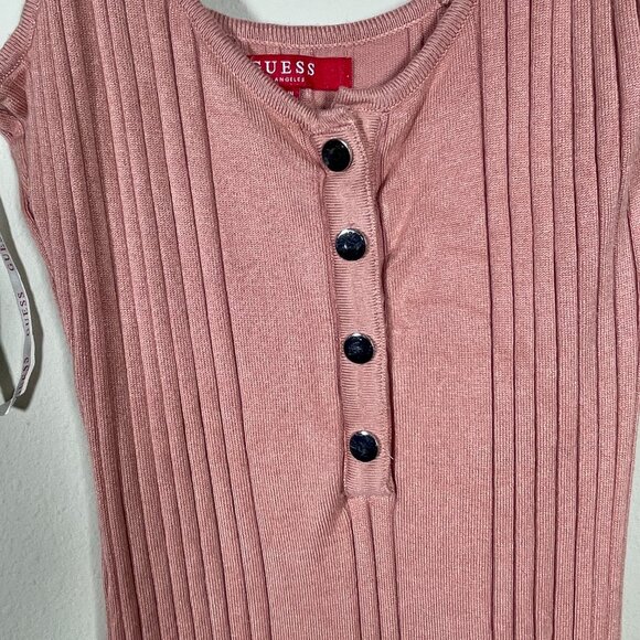 Guess Women's Pink Ribbed Stretch Midi Dress Button Detail XL Tank Henley Style! - Picture 3 of 8